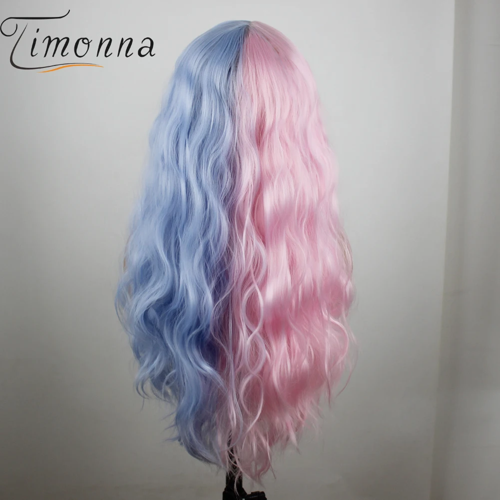 

TIMONNA Half Pink Half Blue Synthetic Wigs with Bangs Long Wavy Full Machine Made Cosplay Wig for Women Heat Resistant Hair