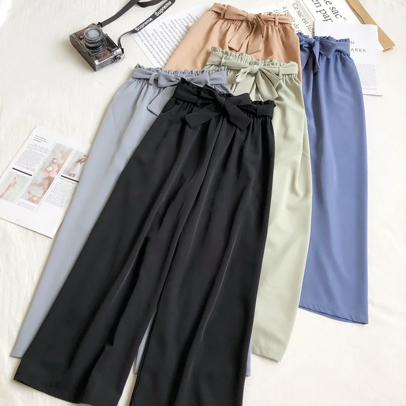 

New Summer Casual Women Solid Wide-leg Pants Ladies Fashion High-waisted Thinner All-match Trousers Lace Up Waistband Bloomers