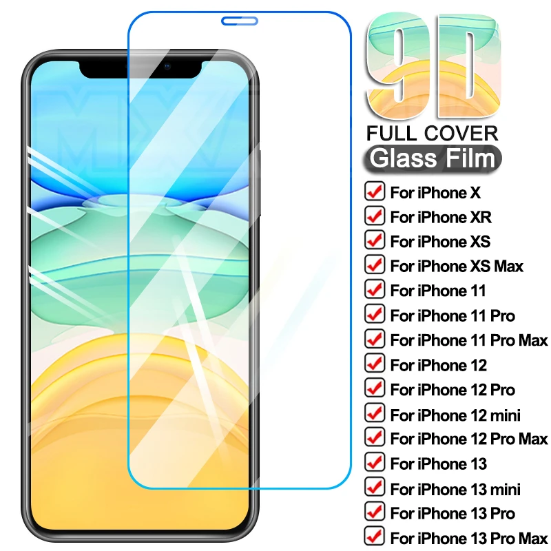 

Закаленное стекло 9D с полным покрытием для iPhone 13 12 11 Pro Max, Защитная пленка для экрана iPhone 13 12 mini X XR XS Max, стеклянная пленка