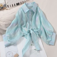 heliar women satin shirts sparkles oversized blouse flare sleeve blusa feminina sexy blouses for women 2021 summer