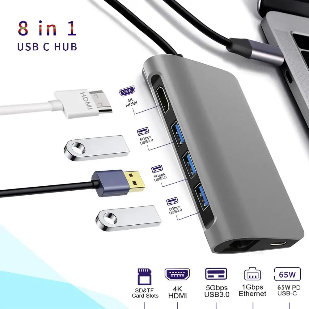 Док-станция 8 в 1 USB C типа удлиняющая на 4K UHD HDMI 3 порта USB3.0 слот SD/TF порт зарядки RJ 45