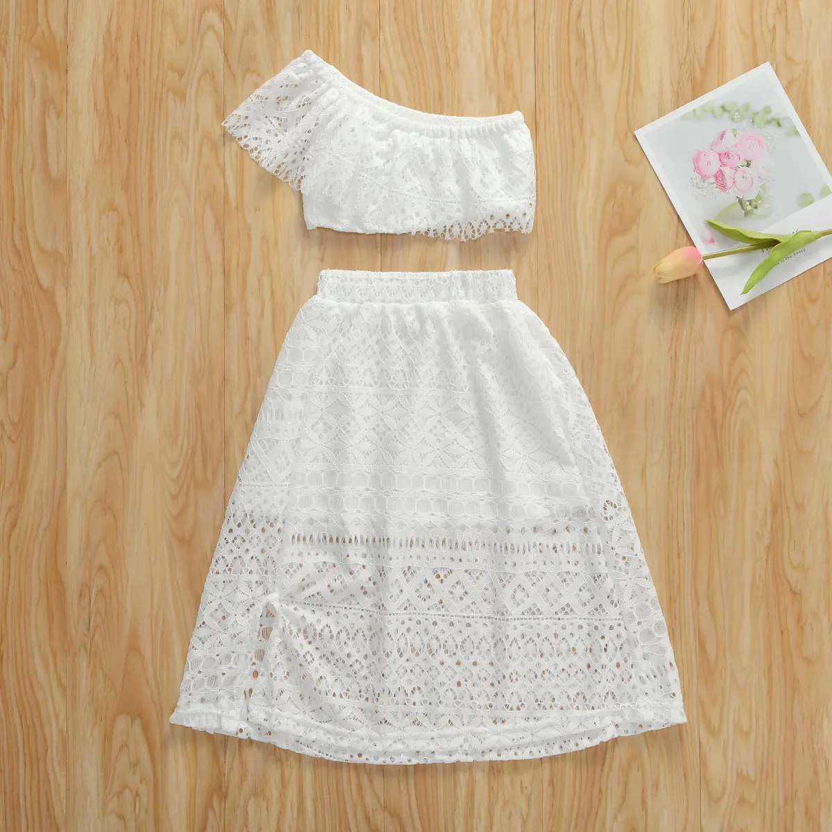 1-6 Infant Kids Baby Girls Boho Clothes Sets Lace Flowers Off Shoulder Tops+Ruffles Skirts Outfit Summer | Мать и ребенок