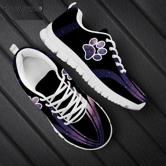 

ELVISWORDS Cute Cartoon Galaxy Dog Paw Love Heart Print Fashion Non-ship Women's Sneaker Flats Lace Up Sports Shoes for Ladies