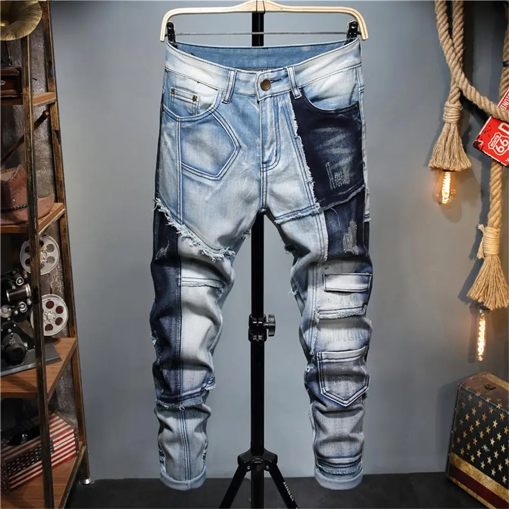 

Men's original design new patch personality stitching color matching stretch small feet men's jeans blue mid-waist washed pants