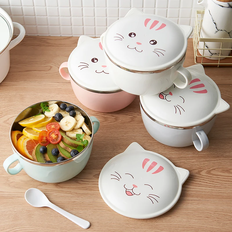 1 шт. Милая миска для лапши с крышкой из нержавеющей стали ручкой контейнер еды