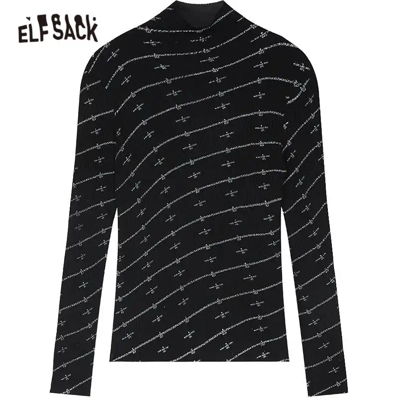 

ELFSACK Black Letter Print Casual Knit Pullover Women Slim Sweaters,2020 Autumn ELF Full Sleeve,Korean Female Basic Daily Tops