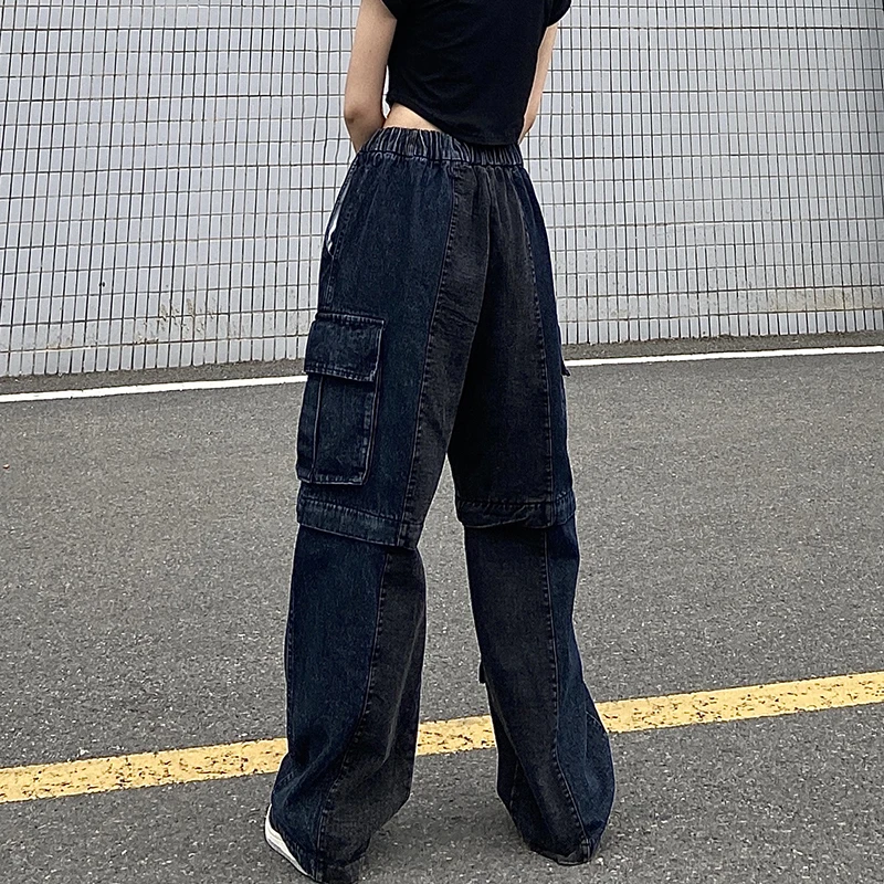 

CHICEVER Casual Solid Denim Pants For Women High Waist Patchwork Pockets Full Length Hole Hollow Out Loose Jeans Females Fashion
