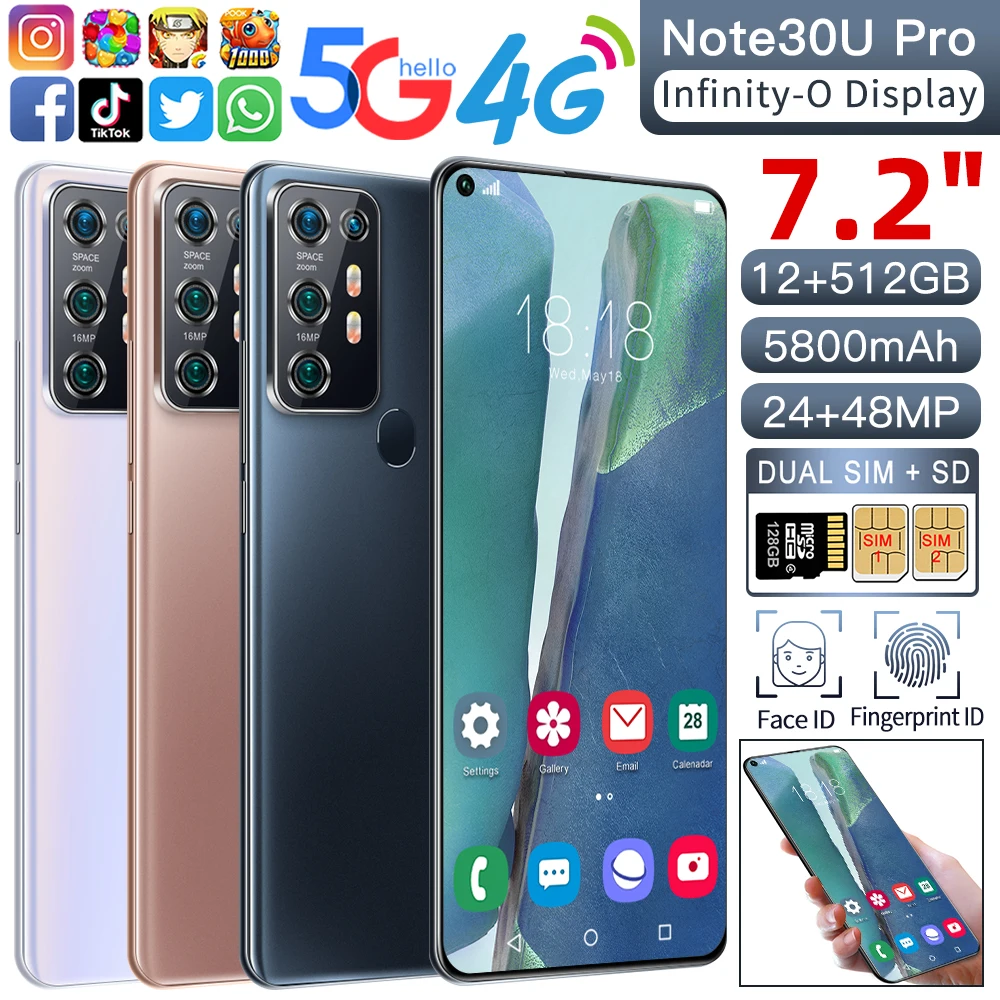 

New Global Version Note30UPro Smartphone 12+512G 5800mAh 24MP+48MP Camera 7.2inch Big battery Dual SIM Support 5G Cellphone