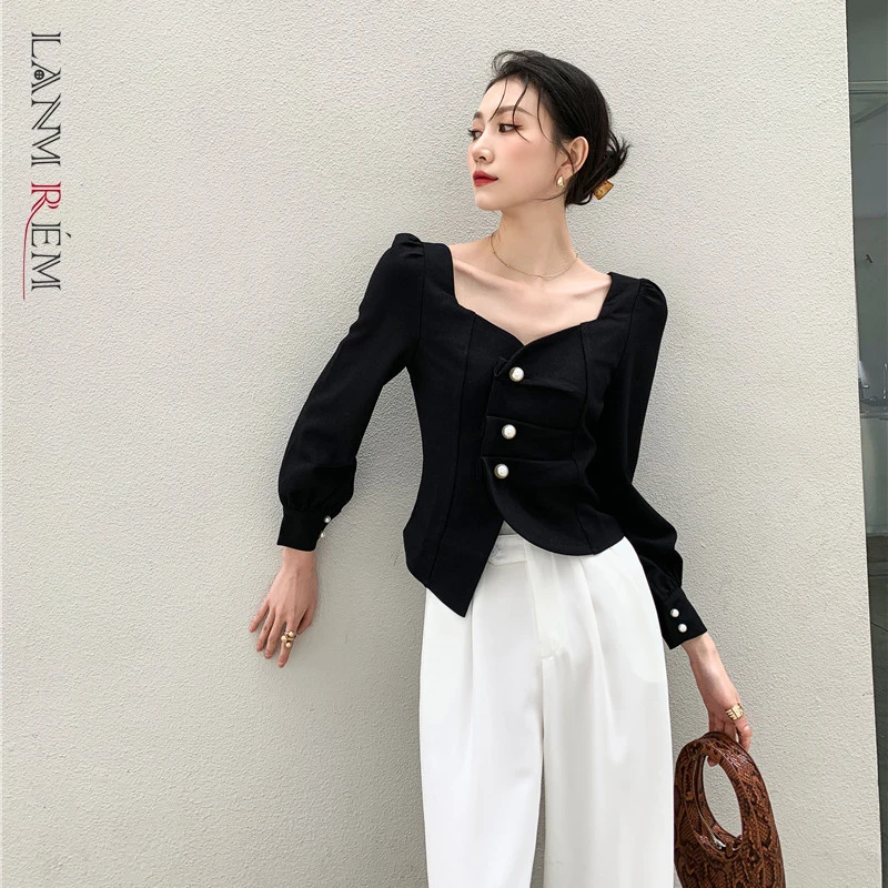

LANMREM Spring 2022 New Single-breasted Clothes Slim Fashion Short French Style Square Neck Black Shirts Top For Women 2A2945