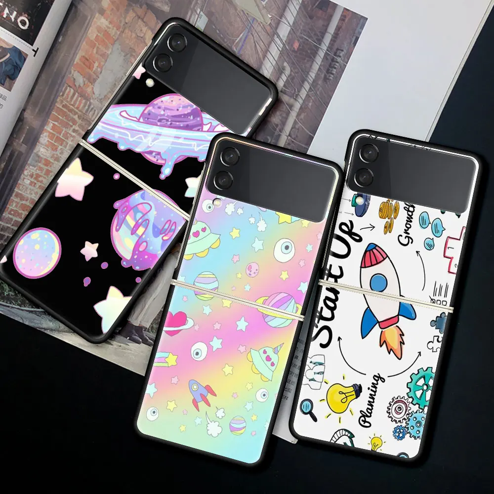 

Case For Samsung Galaxy Z Flip 3 5G PC Hard Cell Phone Cover ZFlip 6.7" Black Segmented Protect Coque Universe Stars Moon