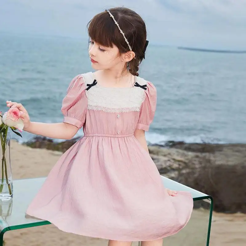 

Новое летнее Повседневное платье для девочек, модное кружевное бальное платье средней длины с бантом, Детские праздничные платья для отпус...