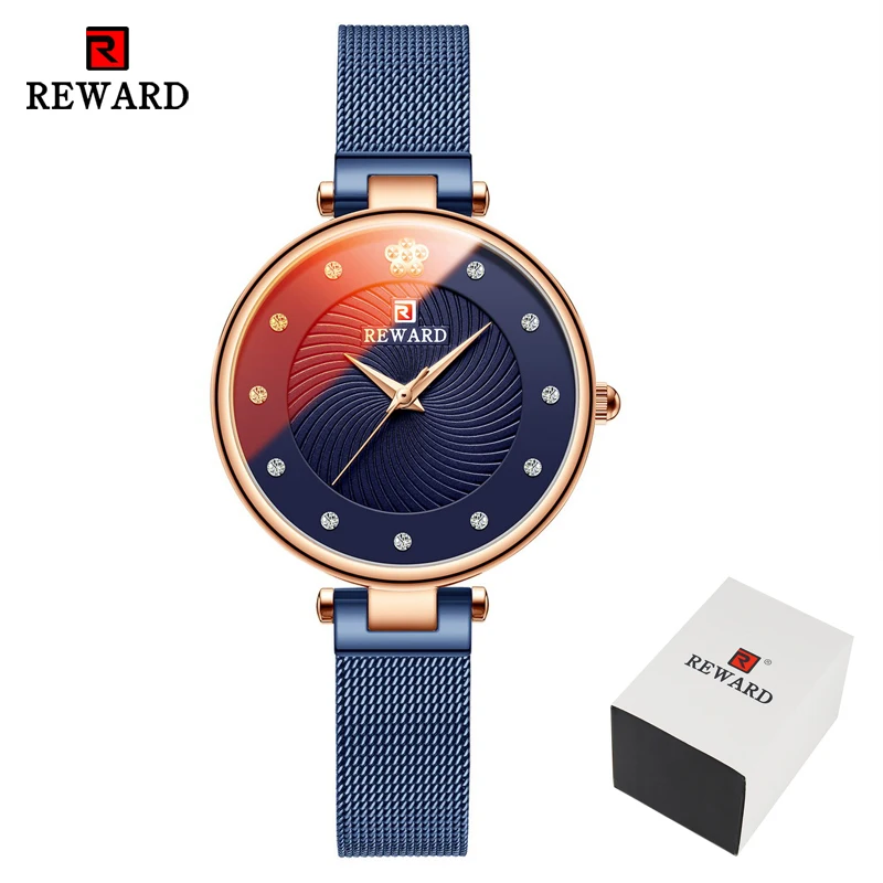 Blue in Box Новые женские разноцветные зеркальные часы, кварцевые часы, женские водонепроницаемые наручные часы из нержавеющей стали, простые женские часы - Цвет: Blue in Box