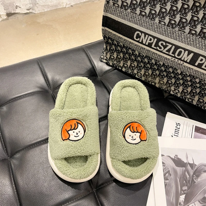 Winter Indoor Women Slippers House Plush Warm Fur Cute Cartoon Faux Fur Fashion Home  Couples Slip On Flats Floor Shoes 45