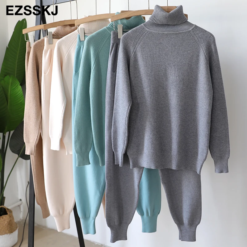 

2 Pieces Set Women Knitted Tracksuit Turtleneck Sweater + Harem pants Pullover Sweater Set CHIC Knitted Outwear sweater suit