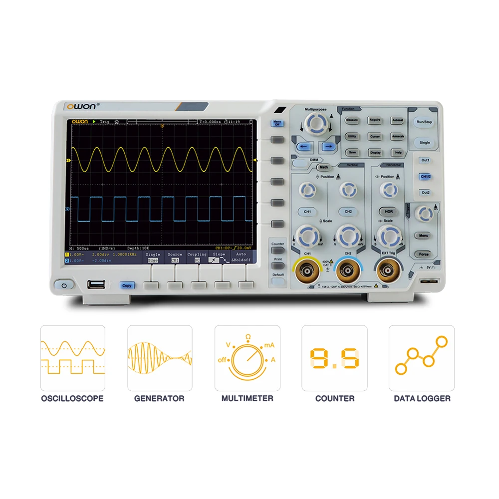 

Owon XDS3202E Digital Storage Oscilloscope Portable 2 Channels 200Mhz Bandwidth 8 Inch USB Oscilloscopes Kits