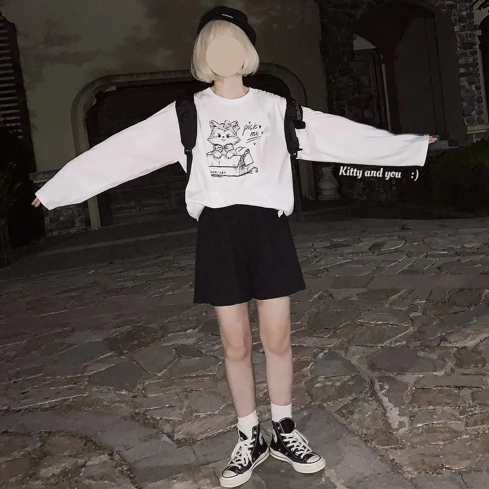 

Spring Autumn Girls Pullover Vintage Girly Sweet Cute Bunny Print O-neck Long Sleeve Loose Black Bottoming Shirts Women T-shirt