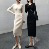 knit ribbing dress 2021 autumn winter vintage v neck wrap hip slim black elegant midi dresses for women robe femme