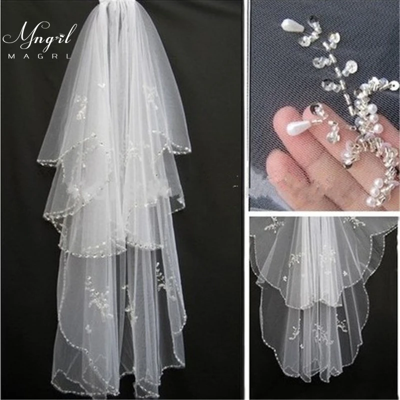 

MNGRL Wedding Accessories Bridal Veil Simple Retro Lace Three-layer Veil 150CM Sequined Pure Color Veil White Soft Yarn