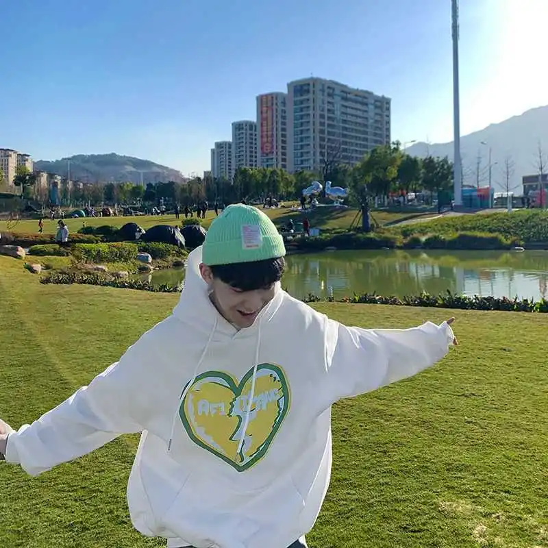 

2021 Spring Printed Love Hooded Sweatshirt BF Loose Harajuku Oversize Hoodies Women Daily Plus Size Mens Clothing Streetwear