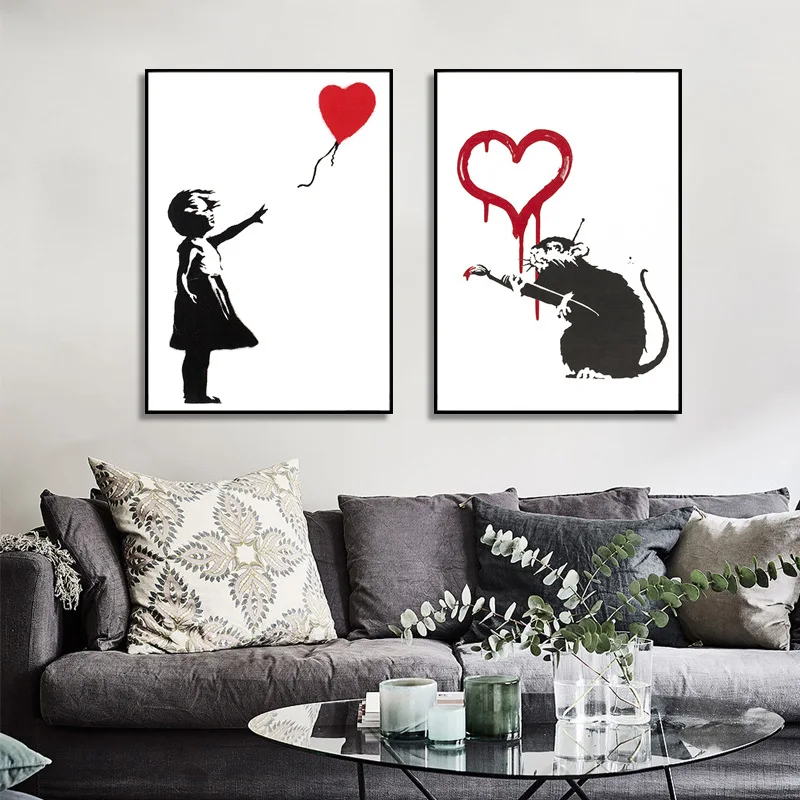 

Modern Abstract Canvas Painting Animal Portrait Red Heart Character Poster Decorative Paintings For Home Room Decor