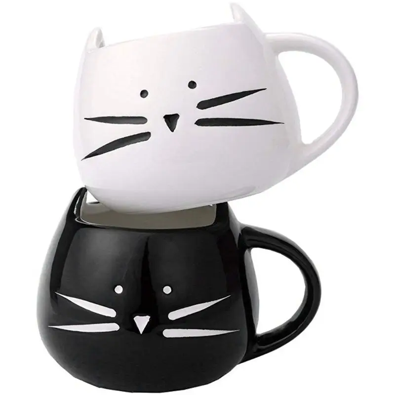 

White Black Cute Kitty Pattern Breakfast Cup Ceramic Coffee Milk Mug Cup for Couples Lovers Birthday Valentine's Day Gifts