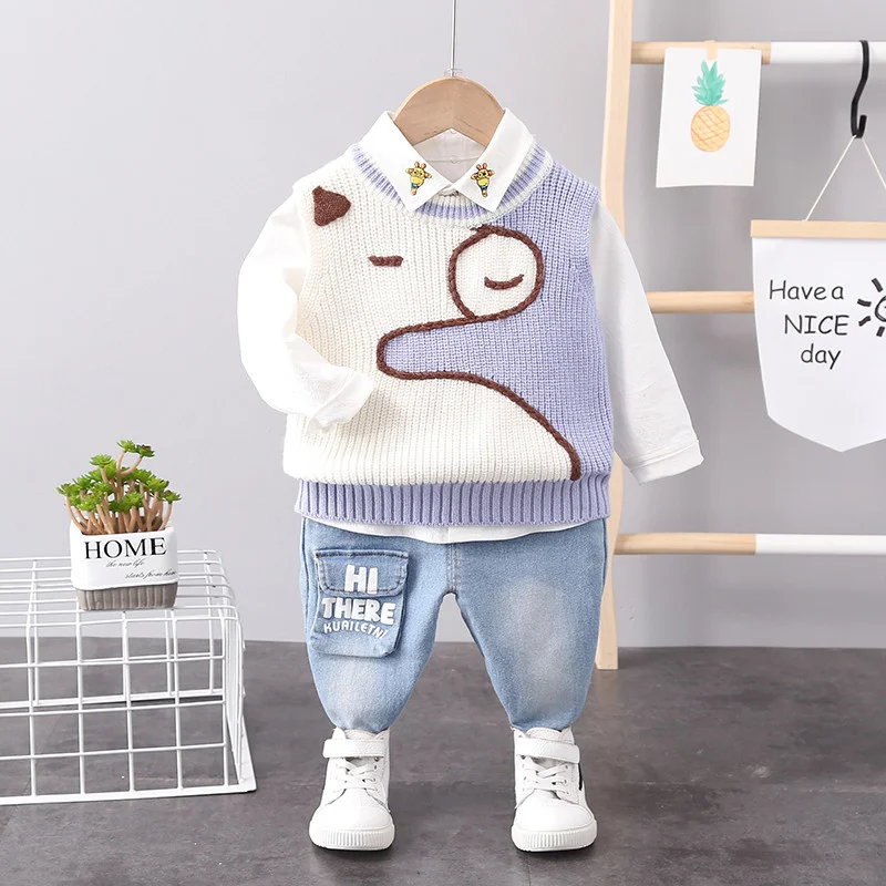 

Fashion Baby Girls Boys Kids Spring Clothes Cotton Cartoon Hoodies Sweater Vest Shirt Pants 3pcs Outfit Suit Children's Clothing