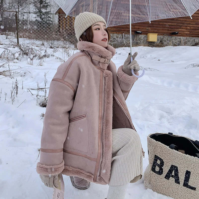 

ins sweet pink hair fur motorcycle suit wool short coat female winter