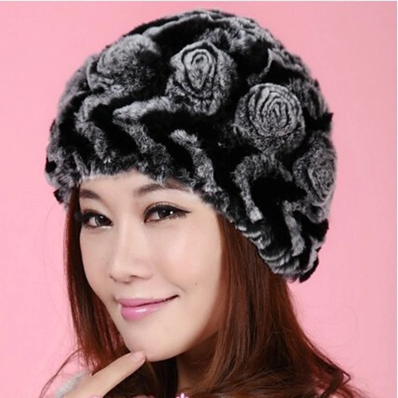 Lady Winter Warm Real Rabbit Fur Beanies Headwear Women Knitted Rex Hats Natural Stripe Caps | Аксессуары для одежды
