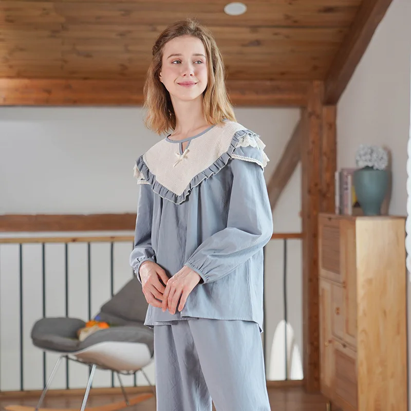 

XIFER Pure Cotton Pajama Women's Retro Palace Style Autumn New Style Embroidery Large Lace Home Service Suit Can Be Worn Outside