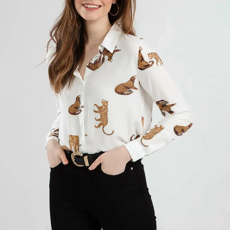 

2021 New Fashion All-match Breathable Leopard Print Long-sleeved Chiffon Loose and Thin Ladies Lapel Fashion Shirt Pullover Top