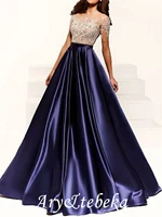 a line color block engagement formal evening dress illusion neck short sleeve floor length satin with beading appliques 2021