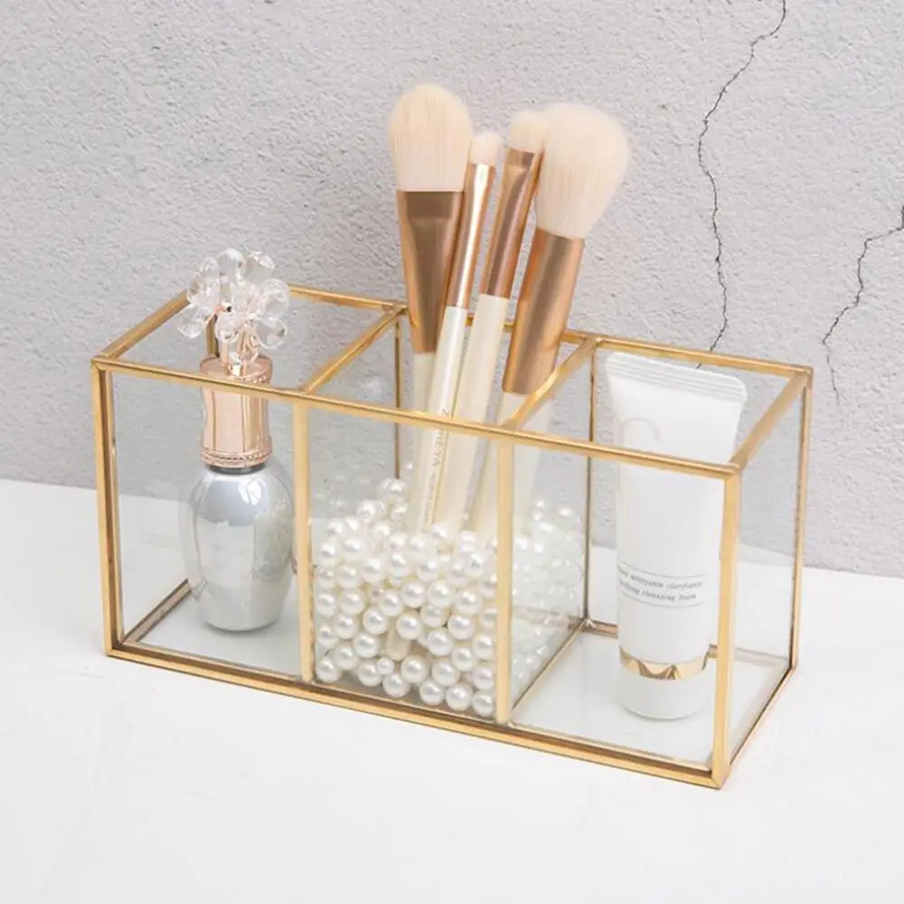 

Nordic Transparent Painting Grid Glass Flip Storage Tank Box Luxury Modern Cosmetics Storage Container Makeup Brush Storage