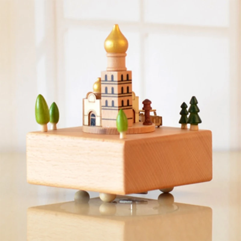 

European Castle Church Building Wooden Music Box Table Home Decoration Creative Birthday Valentine's Day Gift Desktop