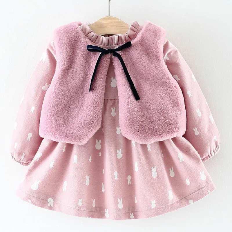 XD193-Pink Детское зимнее шерстяное платье с цветочным рисунком и меховым жилетом для маленьких девочек; платье для маленьких девочек; одежда для дня рождения Новогоднее и рождественское платье - Цвет: XD193-Pink