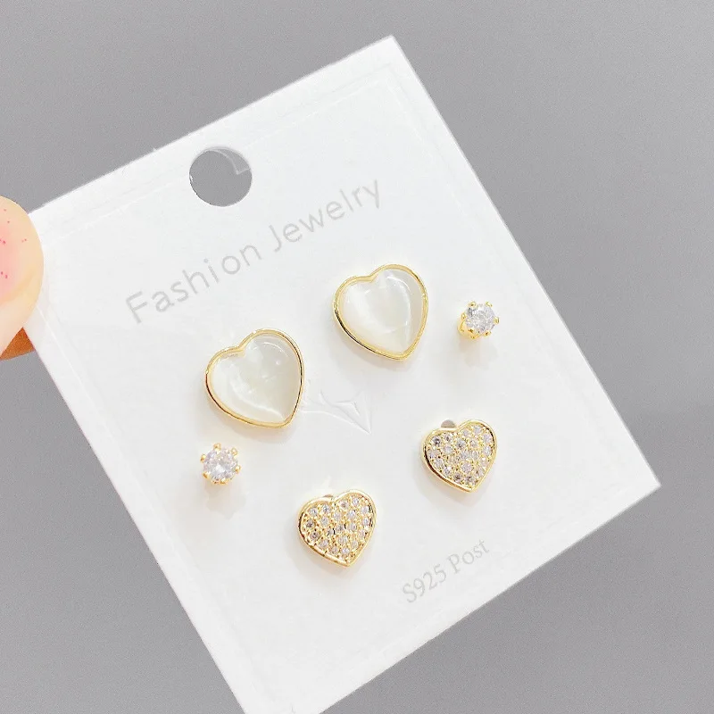 

Korean Style S925 Silvers Needle Fashion 3 Pcs/set Stud Earrings Opal Peach Heart ent Mini Simple Jewelry