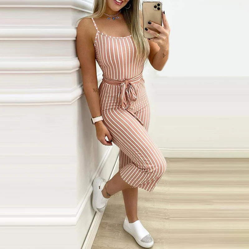 

Women Fashion Elegant Sleeveless Casual Jumpsuits Overalls Playsuits Spaghetti Strap Striped Slinky Belted Jumpsuit