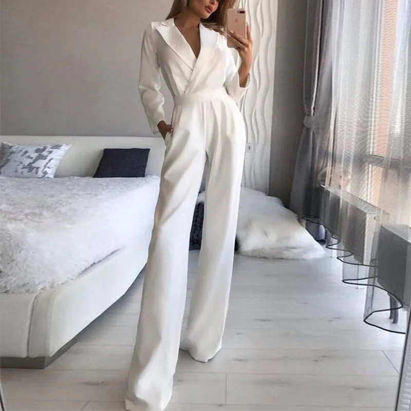 

2021 Casual Elegant Summer Solid Long Sleeve Jumpsuits Notched Women High Waist Wide Leg Rompers Loose Office Lady's Junpsuit