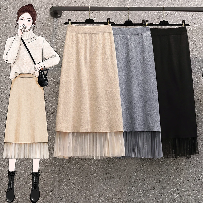 

Black Pleated Mesh Knitted Midi Plus Large Size Oversize Korean Style Fashion Autumn Women'S Clothing 2021 High Waisted Skirts