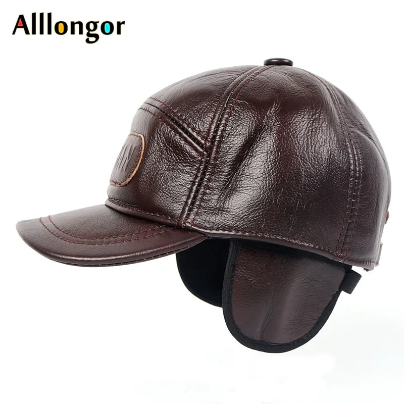 Мужская бейсболка из натуральной воловьей кожи черная теплая Бейсболка с ушным