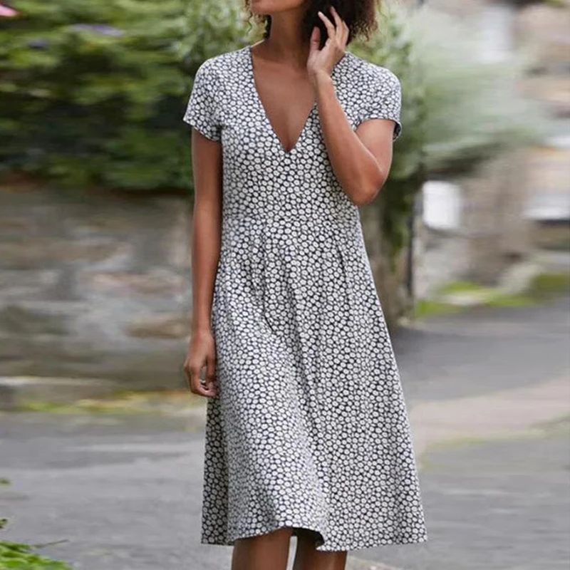 Женское платье с коротким рукавом V-образным вырезом и принтом | Женская одежда