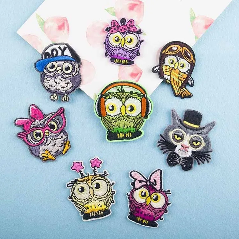 

100pcs/lot Embroidery Patches Letters Clothing Decoration Accessories Animal Owl Hawk Glasses Bird Iron Heat Transfer Applique
