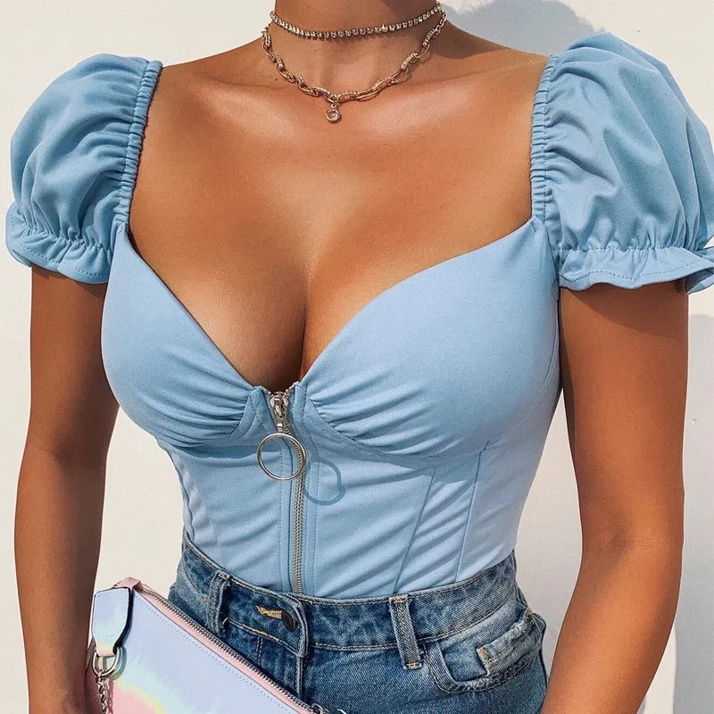 

Summer 2021 Ladies Casual Shirts Front Zipper V-Neck Puff Short Sleeve Blouse Shirts Vintage Sexy Women Tops