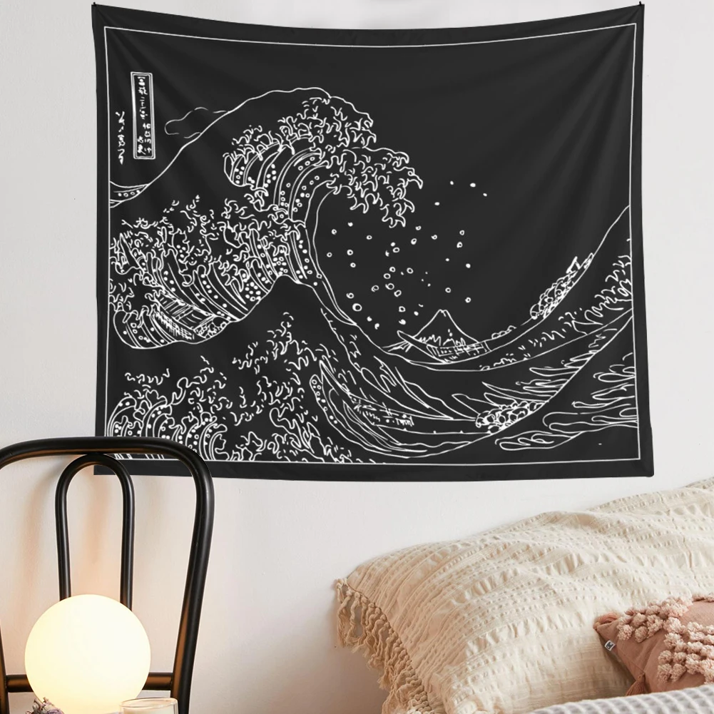 

Japanese Kanagawa Wave Black and White Wall Hanging Tapestry Tapestries Boho Bedspread Blanket Bohemian Style Hanging Yoga Mat