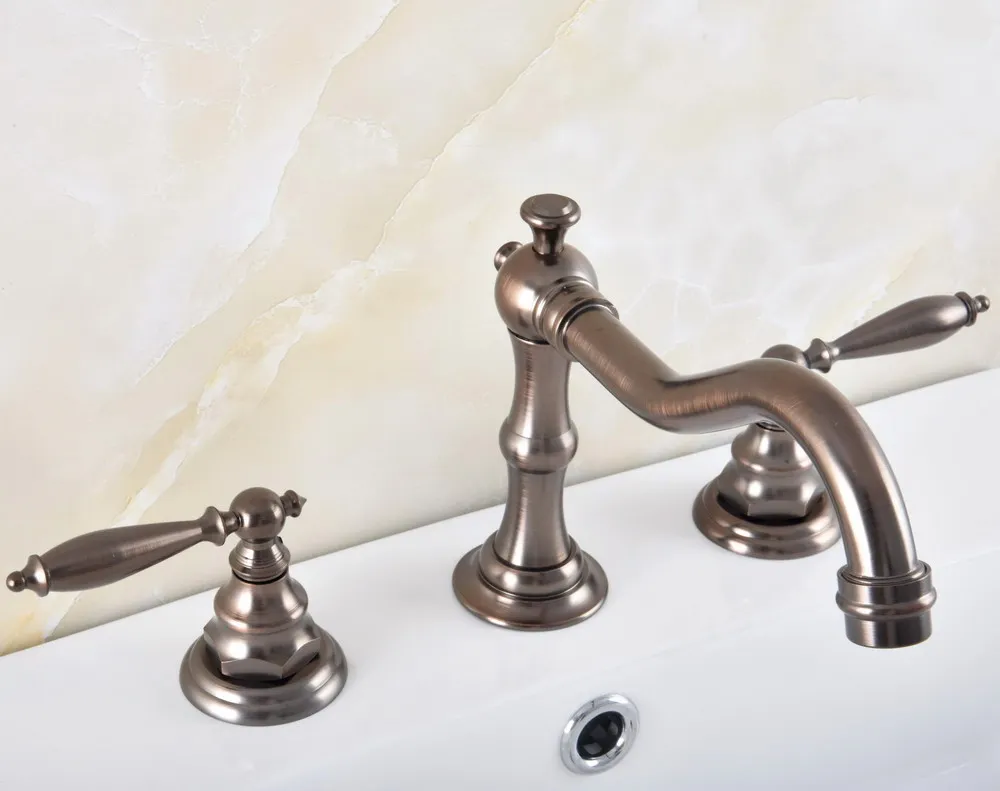 

Brown Oil Rubbed Brass Dual Lever Handles Deck Mounted Widespread 3 holes Bathroom Vessel Sink Faucet Cold/Hot Water Tap anf589