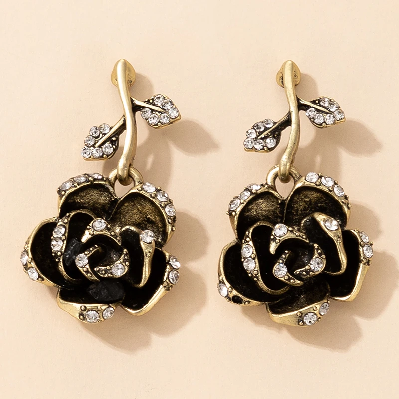 

Tocona Luxury Crystal Rose Flower Drop Dangle Earrings for Women Charming Black Enamel Earrings Trendy Jewelry Party Brincos