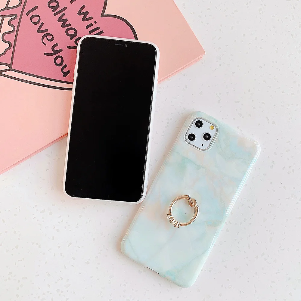 Чехол LACK с мраморным рисунком и бриллиантовым кольцом-подставкой для iphone 12 11Pro Max