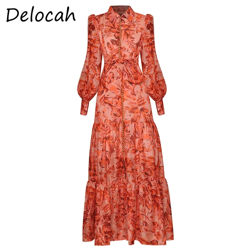 

Delocah 2021 осеннее модное дизайнерское длинное платье для женщин с длинным рукавом, поясом, цветочным принтом, трапециевидные элегантные вечер...