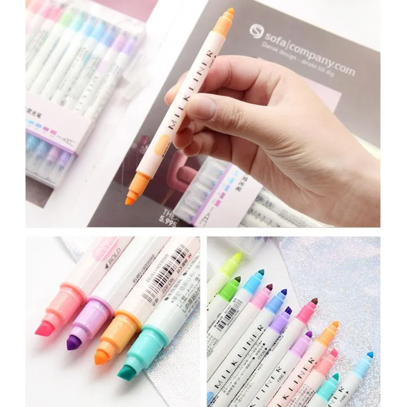 

12pcs/set Student Highlighter Pen Dual-side Markers Fluorescent Drawing Art Marker Stationery Office School Supplies Diary Pens