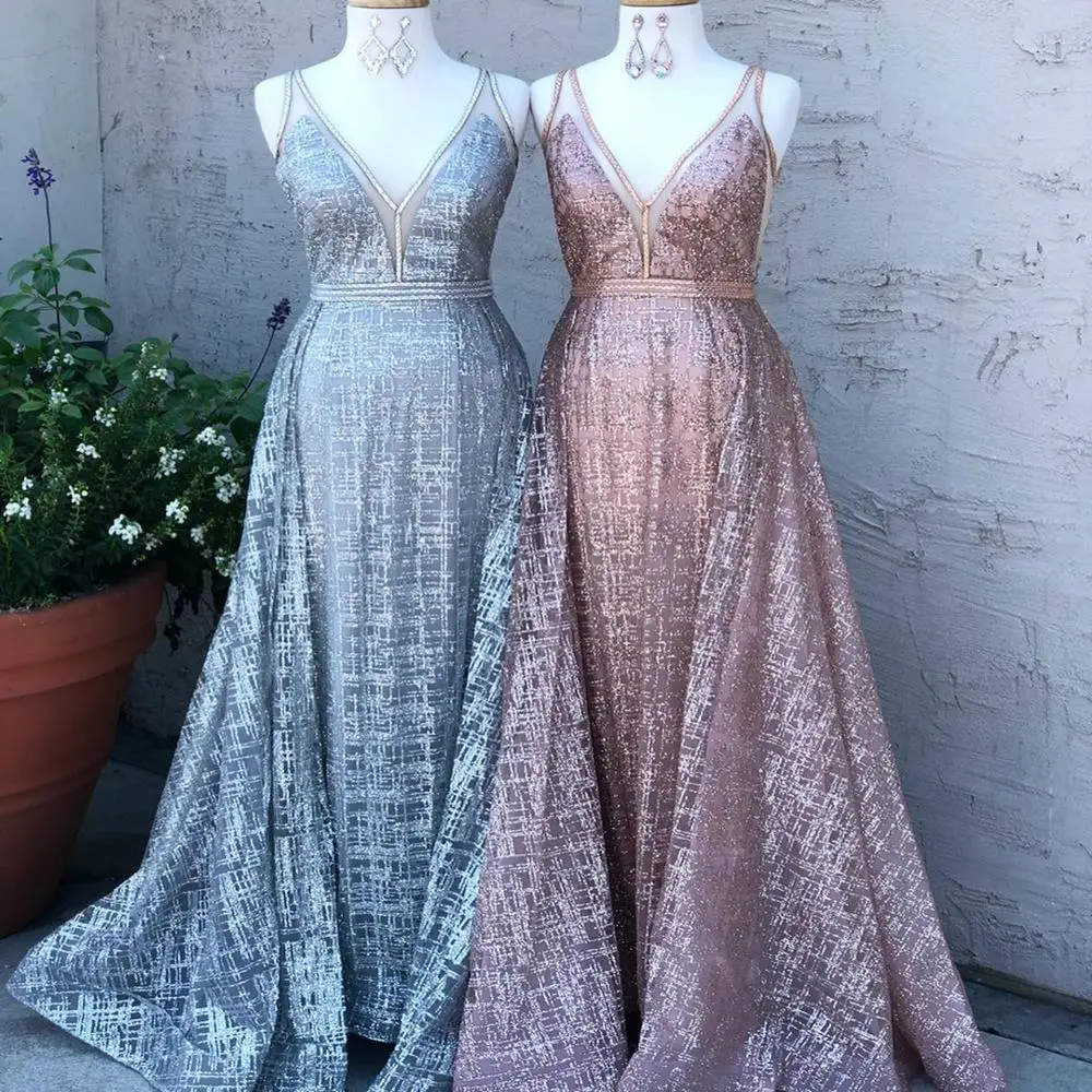 

2020 Prom Dress Over-Skirt Blingbling Sequins vestido de festa Silver RoseGold Gold Open V Back Long vestidos de fiesta de noche