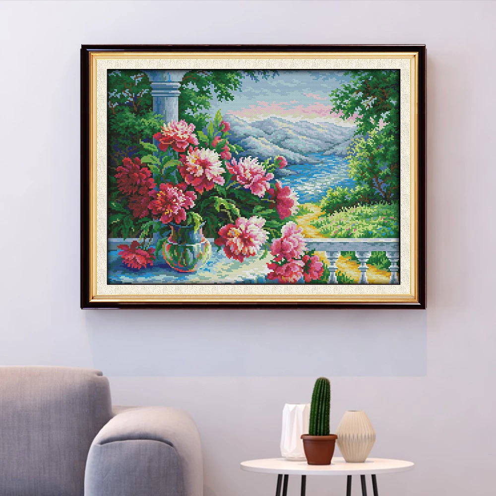 

HUACAN вышивка крестиком Горный пейзаж DIY подарок наборы для украшения дома белый холст вышивка «цветок в вазе» рукоделие 11CT 14CT